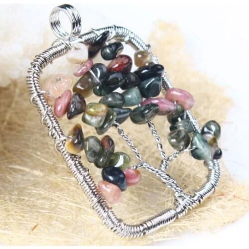 Natural Tourmaline Stone Handmade Wire Wrap Tree Of Life Chips Pendants Reiki Crystal Antique Jewelry For Women Necklace