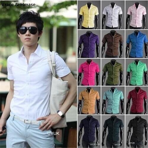 Factory direct sales Foreign trade Korean style slim solid color shirt Fashion casual quality short sleeve shirt men M-XXXL
