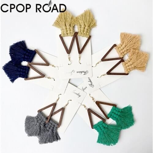 Bohemian Tassel Earrings for Women Triangle Wood Ethnic Handmade Cotton Fringed Macrame Earrings Wedding Jewelry Girl Party Gift