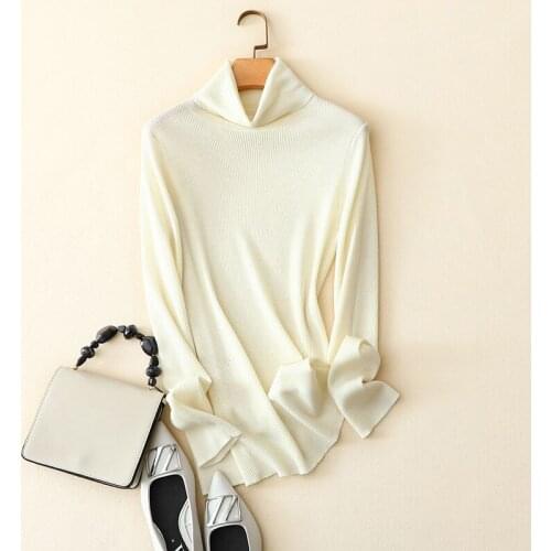 High quality 100% wool turtleneck sweater women casual winter slim fitting solid color warm pullovers