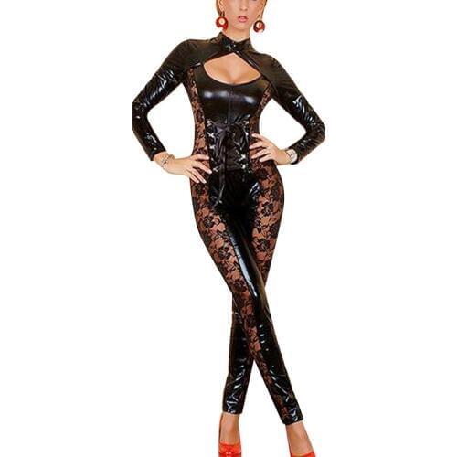 Wonder beauty Fashion Black Lace Leather Jumpsuit Clubwear Lace Up Design Women Club Party Vinyl Long Jumpsuit Rompers Overalls