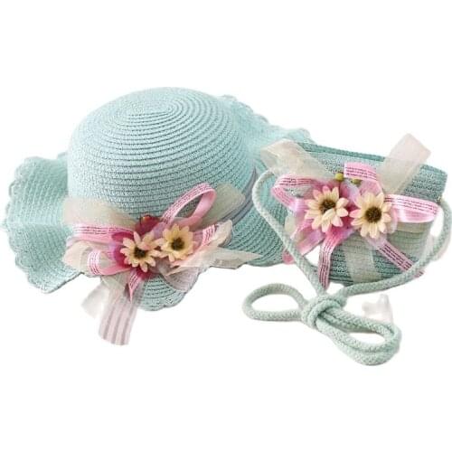 XEONGKVI Korean Flower Ribbon Parent-child Sun Hats Bag Suit Summer Brand Falbala Straw Hats For Women Girl Wide Brim Cap