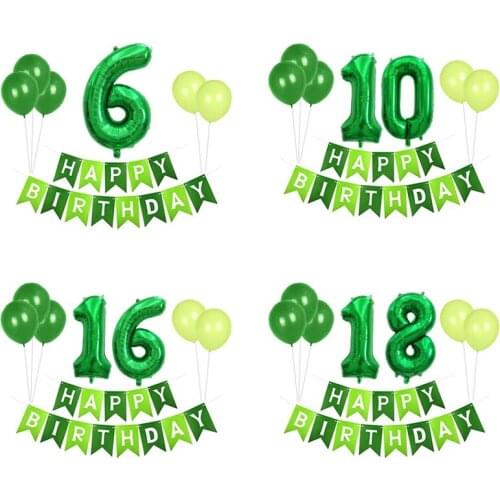 Green Paper Happy Birthday Banner with 32 inch Number Balloons NO.years Jungle Theme Childrens Birthday Party Decorations Kids