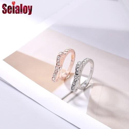 Seialoy Fashion Rose Gold Shiny Bow-knot Rings For Women Original Girl Crystal Silver Color Rings Couple Engagement Party Gift