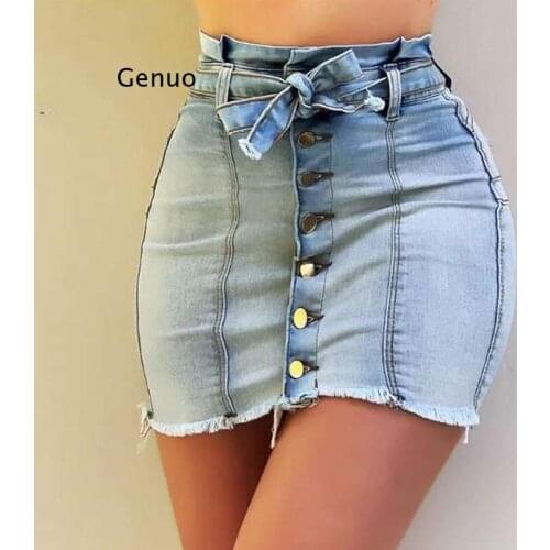 Women Blue Skinny Denim Skirt Casual High Waist Denim Skirts Summer High Street Pockets Button All-Matched Jeans Skirt