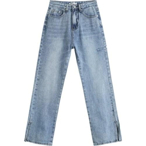 2021 Spring Womens Blue Jeans Vintage EA Straight Split Pants Sense of Design Streetwear Baggy Femme High Waist Denim Trouser