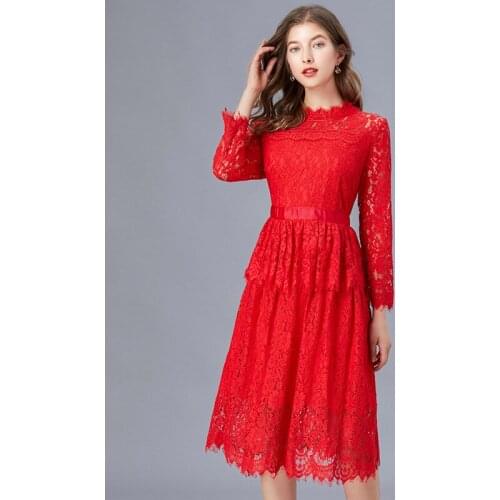 Spring Autumn Woman Fashion Stand Collar Slim Long Sleeve Red Lace Dress , High Waisted 4xl 5xl Ruffles Long Dresses for Women