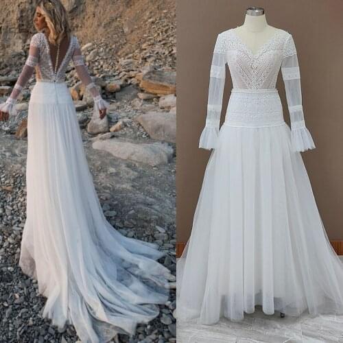 Gorgeous V Neck Long Sleeve Sheer Back Bohemian Lace Wedding Dress Appliques Tulle A Line Bridal Gown Sweep Train