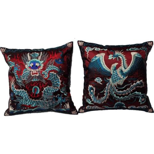 2 pcs Vintage Chinese Ethnic Retro Embroider Dragon&Phoenix Cushion