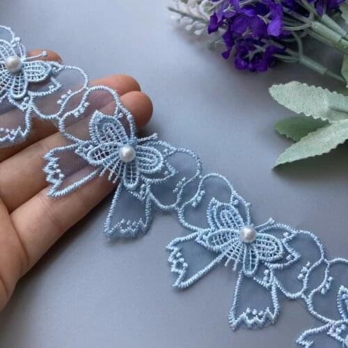 2 Yard Blue Lace Trim Ribbon Mesh Pearl Vivid Lovely Double Layer Bowknot Embroidered Patches Applique Fabric Wedding Supplies