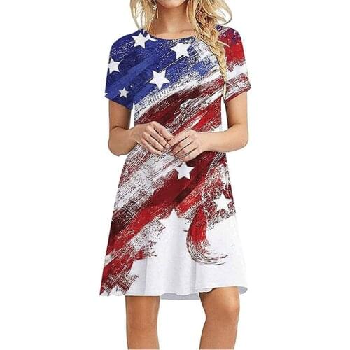 2021 New Women American Independence Day Flag Print Dresses Round Neck Short Sleeve A-Line Skirt New Independence Day Dress