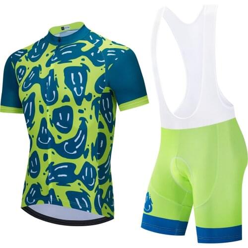 2021 Green Funny Face Cycling Jersey Set Men Summer Short Sleeve BIke Clothing Wear Quick Drying 9D Gel Pad Breathable
