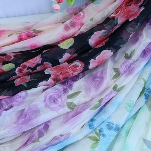 30D Printed Chiffon Fabric Rose Silky Scarf Flowing Dress Thin Yarn Decorative DIY Sewing Fabric