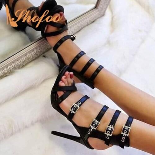 Black Ankle Strap Sandals Woman High Stilettos Open Toe Buckle Large Size 11 16 Thin Heels For Ladies Summer Shoes Party Fashion