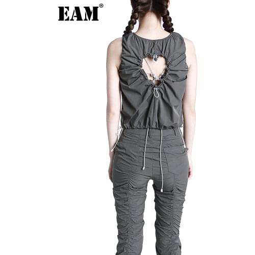 [EAM] Women Gray Pleated Hollow Out Tank Tops New O-neck Sleeveless Personality Fashion Tide Spring Summer 2021 1DD7673
