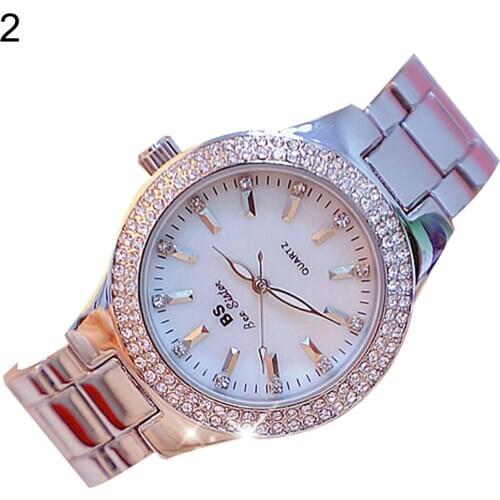 Fashion Women Rhinestone Round Dial Alloy Linked Strap Analog Quartz Wrist Watch Ladies Dress Watches Gift Luxury Fashionable