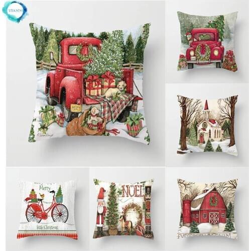 Red Truck Christmas Tree Pattern Cushion Cover Polyester Sofa Pillow Case Home Decorative Pillow Cover 45X45CM Fundas De Cojin