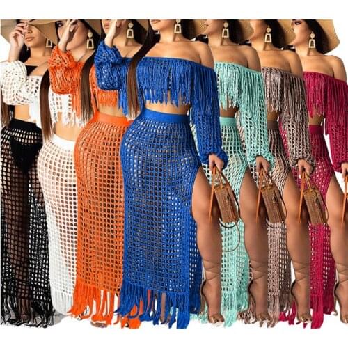 New Fish net beachwear tassel beach cover ups sets women off shoulder Tops +long skirts bikini swimwear swimsuits Cover up