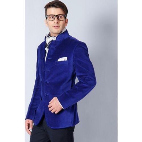 New Arrival Groomsmen Mandarin Lapel Groom Tuxedos Velvet Mens Suits Wedding Best Man (Jacket+Pants+Tie+Hankerchief) B718