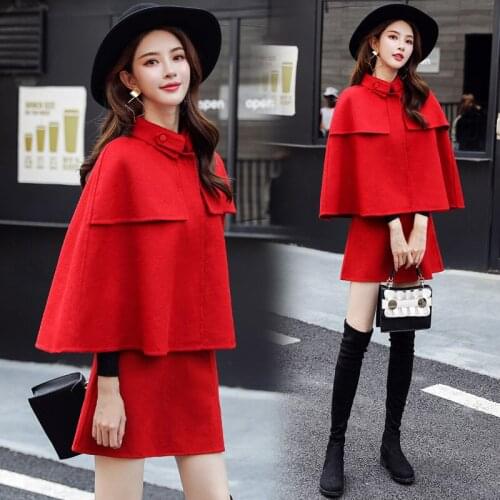 New Woolen Suit Red Cape Coat 2021 Early Spring Cape Woolen Coat Women Coat Korean Long Sleeve Woolen Coat Women Woolen Suit