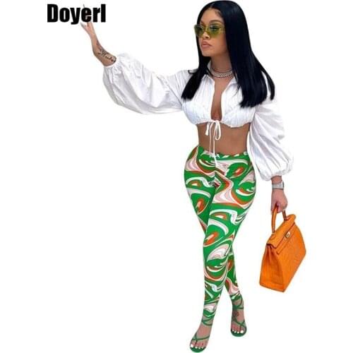 Fall Lace Up Sexy Two Piece Sets Club Pants Set Women Lantern Long Sleeve Shirt Top and Leggings Matching Set Co Ord Outfits