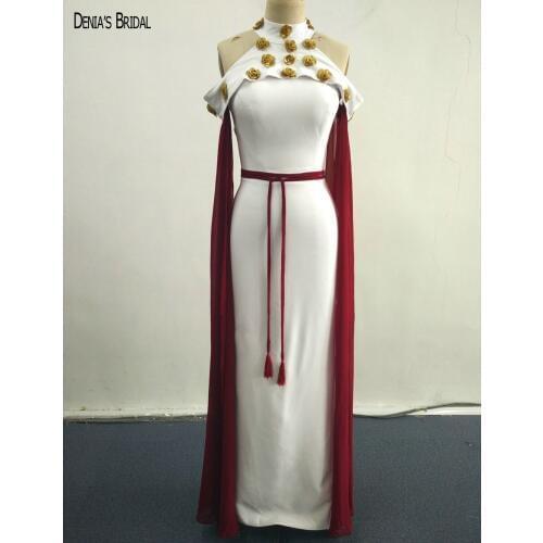 2017 Straight White Evening Dresses High Neckline Gold Flowers Sash Floor Length Sleeves Party Prom Gowns