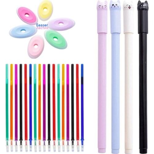 15pcs/lot Cartoon Cat Erasable Pen Washable Handle Colored Ink Erasable Gel Pen Refill Rods For School Office Writing Stationery