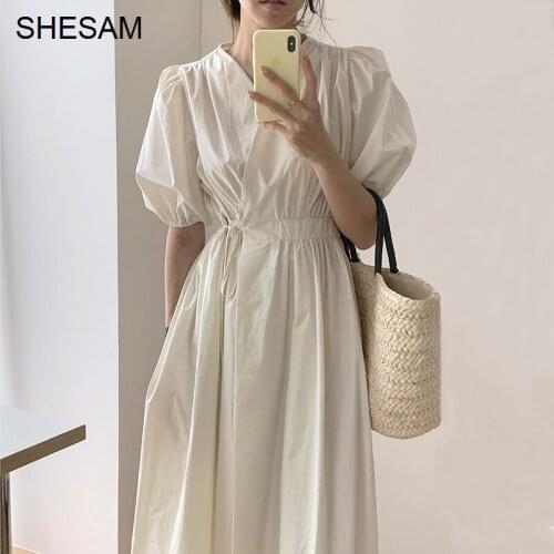 Sexy Korean Chic French V-neck Cross Tie Waist Slim One Piece Bubble Sleeve Dress Women
