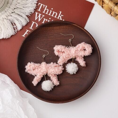 Japanese Korean Sweet Fashion Pink White Hairball Bow-knot Dangle Earrings Jewelry For Women Autumn Winter Drop Earring brincos