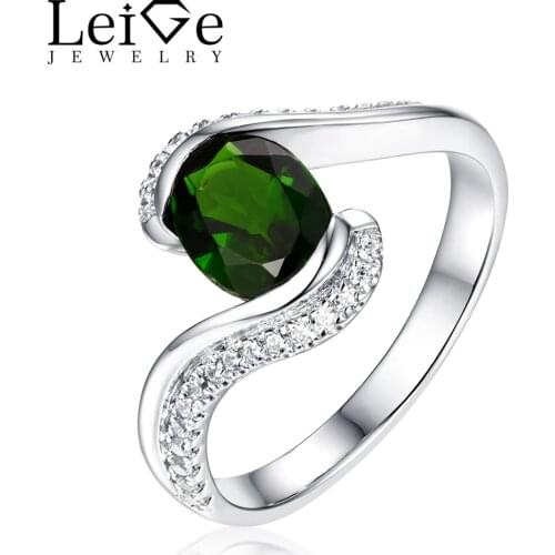 Leige Jewelry Natural Diopside Ring Green Gemstone Silver Oval Cut Bezel Setting Anniversary Rings for Women Fine Jewelry