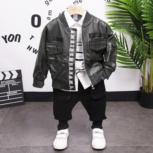 Spring Baby Casual Tracksuit Children Boy PU jacket,shirts and jeans 3Pcs/Sets Kids Leisure Sport Suit Infant Clothing (6602