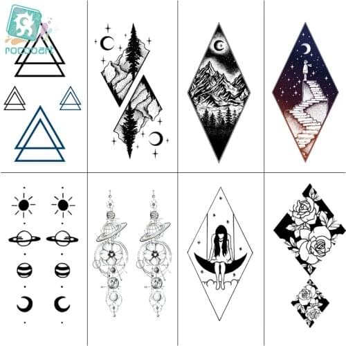 Rocooart Temporary Tattoo Sticker Geometric Planet Jellyfish Tattoo Black Triangle Tattoo Body Hand Men Fake Waterproof Taty