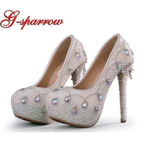 Colorful Rhinestone Bridal Wedding Shoes White Crystal Bride Wedding Ceremony Formal Dress Shoes High Heel Party Prom Pumps