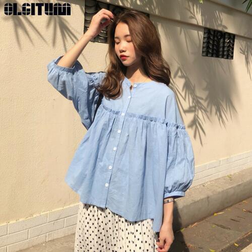 Womens Sweet Solid Shirt Lantern Sleeve Single-breasted Blouse Blusas Girls 2020 New Autumn Tops Loose Casual Shirts Female