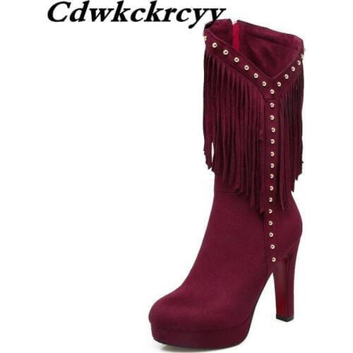 Nightclub rivet zipper Women Boots Thin and thin Dance boots sexy Middle tube Tassels High-heeled Waterproof Single boots 34-43
