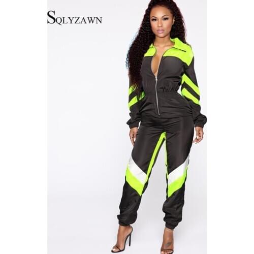 Women Neon Green Black Color Block Long Sleeve Sport Jumpsuit Autumn Winter Fashion Casual One Piece Zip Overalls Casual Rompers