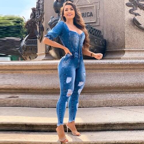 Single-breasted Denim Rompers Womens Jumpsuit 2021 Square Collar Puff Short Sleeve Bodysuit Vintage Washed Hollow Ripped Outfit