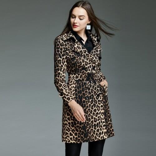Style British Female Leopard Print Trench Coat Women With Belt Double-breasted Long trench Autumn slim clothes Large Size 4XL