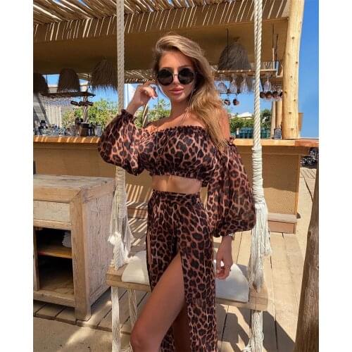 Women Mesh Sheer Leopard Bikini Cover-ups Set See-through Long Sleeve Crop Tops Cover Up Skirts Two Piece Swimwear Beach Dresses
