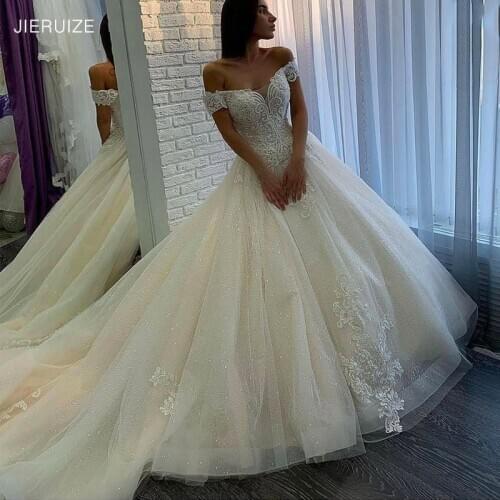 JIERUIZE Vintage Lace Appliques Pearls Luxury Wedding Dresses Off the Shoulder Lace Up Back Shiny Wedding Gowns vestido de novia