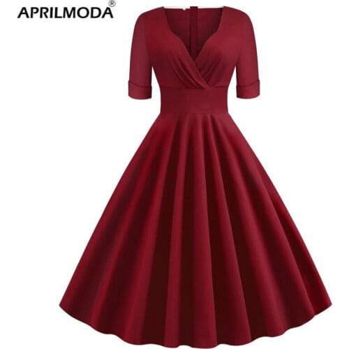 Red Black Women Cotton Vintage Dress Sexy V Neck Short Sleeve Retro Audrey Hepburn 50s 60s Rockabilly Elegant Party Vestidos
