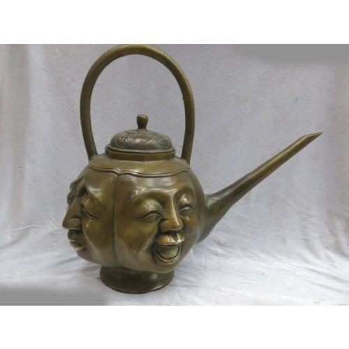 16" China brass copper Buddhism four Expression buddha Sculpture Teapot Statue A(0505)