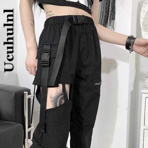 2021 Black High Waist Female Loose Casual Straight Leg Beam Tooling Cargo Long Pants for Women