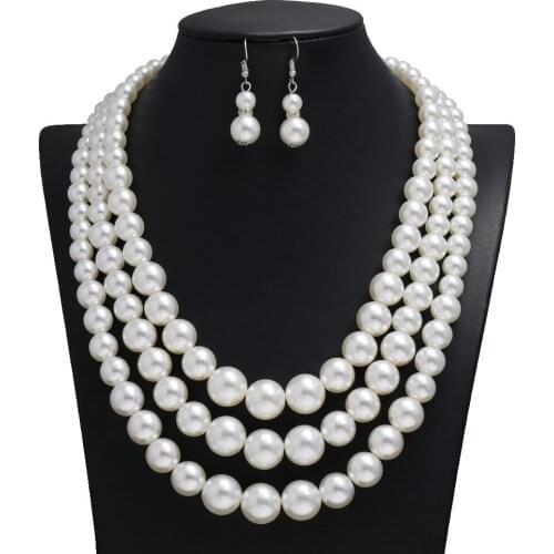 2021 New Fashion Exquisite Pearl Jewelry Sets European Multi Layer Pearls Braided Choker Necklace Set and Earrings Headwear