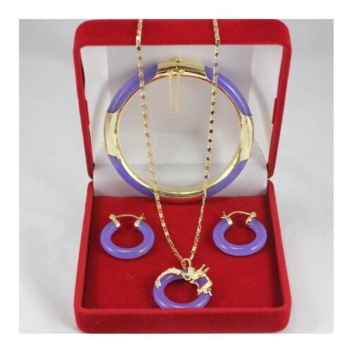 Simple style 7.5" purple Jades bracelet, round earings and FINE dragon pendant for party and anniversary