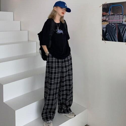 Gothic Women Plaid Pants Casual Chic Oversize Loose Wide Leg Trousers Retro Teens Harajuku Hip-hop All-match Unisex Streetwear