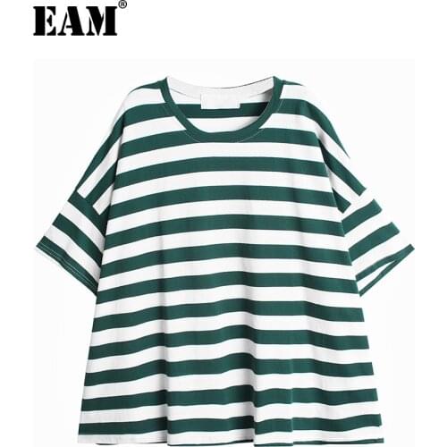[EAM] Women Green Striped Big Size Casual Long T-shirt New Round Neck Half Batwing Sleeve Fashion Spring Summer 2021 1DE1608