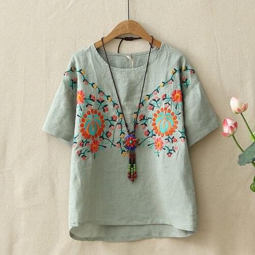Summer Mori Girl Linen T Shirt Womens Floral Embroidery Tops Retro Breathable Cotton T-shirts Short Sleeved Loose High Quality