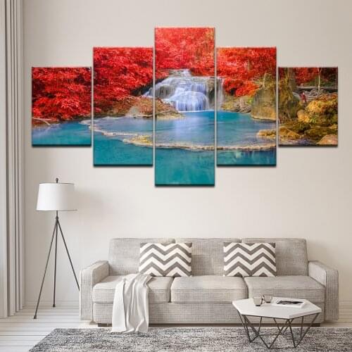 Canvas Painting waterfall with red maple leaf landscape 5 Pieces Wall Art Painting Modular Wallpapers Poster Print Home Decor