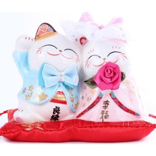 Ceramic Lucky Cat Dual Couple Piggy Bank Maneki Neko Wedding Gift Valentine Decoration
